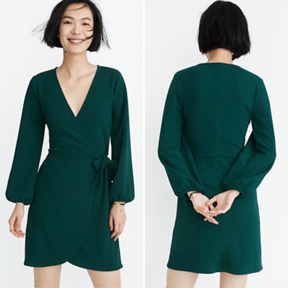 ✨NWT✨ MADEWELL Long Sleeve Faux Wrap Dress in Smoky Spruce Green Sz S